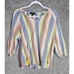 RD + Koko Linen Rainbow Striped Top Womens Size 1X Tassel Tie Boho Hippie
